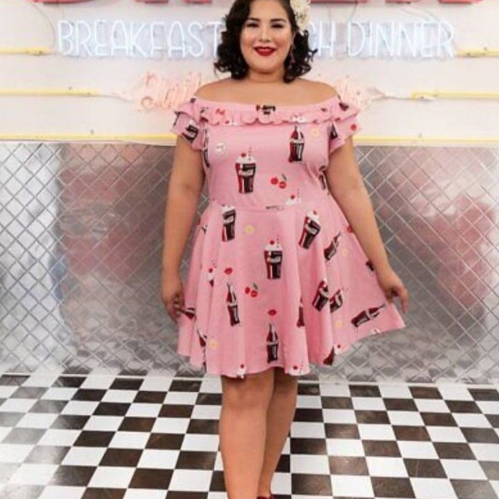 Pink Off-Shoulder Dress with Coca-Cola Print